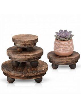 3 Pcs 5/4/3 Inch Mini Wooden Risers for Decor Small Round Pedestal Stand, Brown